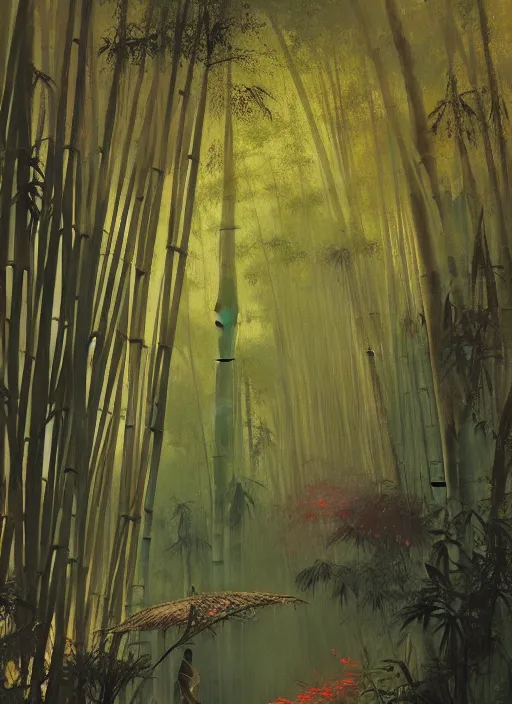 Image similar to bamboo forest, intricate, elegant, highly detailed, vivid colors, john harris, frazetta, sparth, ruan jia, jeffrey catherine jones