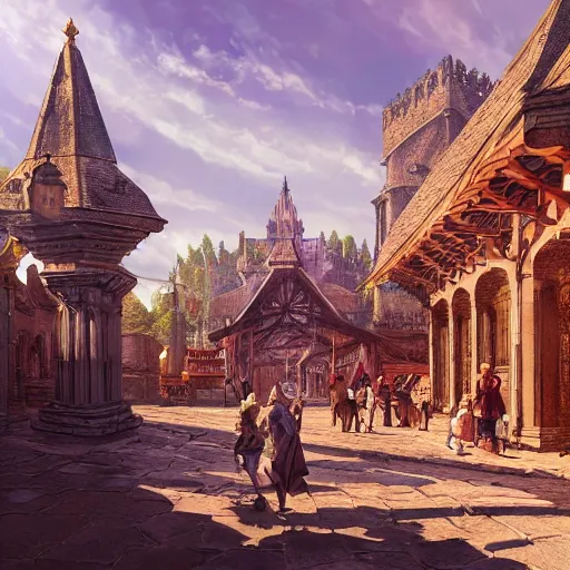 Image similar to a medieval city with temple, market, palace, tavern, beautiful, detailed, temple, market, palace, tavern, concept art illustration, color page, tone mapping, akihiko yoshida, james jean, andrei riabovitchev, marc simonetti, digital illustration, greg rutowski, volumetric lighting, sunbeams, particles