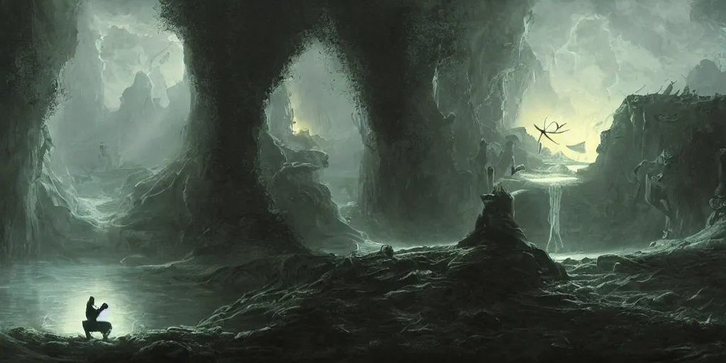 Prompt: a man sits at the edge of a river in the underworld in hades waiting for the ferryman charon, beksinksi, dariusz zawadzki