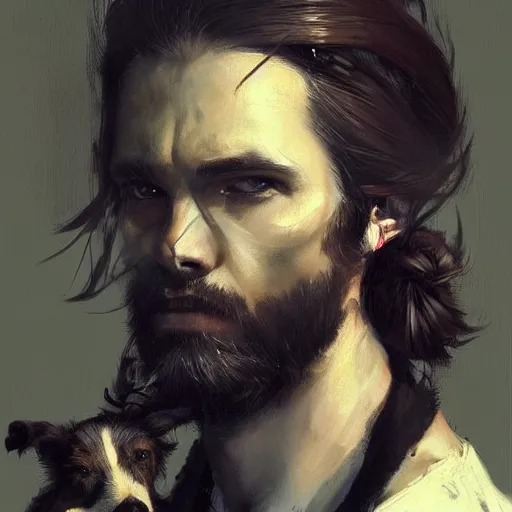 Image similar to a beautiful painting dramatic portrait of a young man with long hair tied in a bun and black beard holding a jack russell by greg rutkowski, featured on artstation