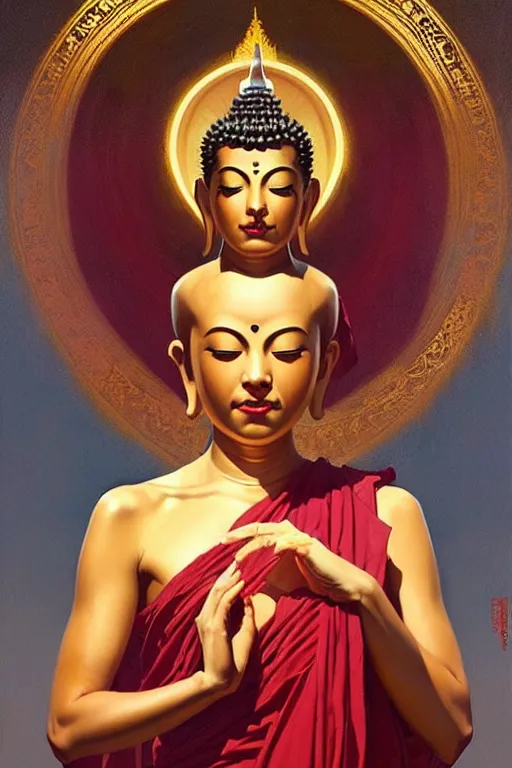 Image similar to buddhism, expressionnisme, painting by greg rutkowski, j. c. leyendecker, artgerm