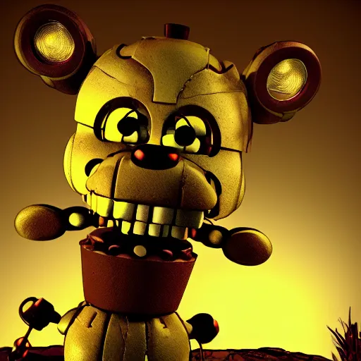 Prompt: creepy ruined abandoned fnaf character, fnaf animatronic rising from the lagoon at night, creepypasta, lamps in the night sky