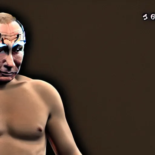 Image similar to Detailed image of Vladimir Putin, in game style 8k, wearing only pants with a bare torso, his body is old and ugly with sagging old skin,