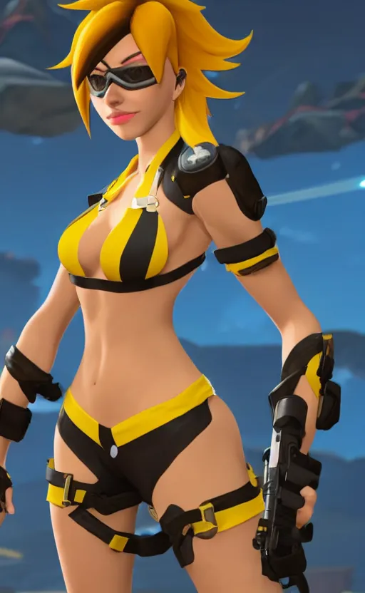 Image similar to tracer game character, in yellow bikini, blonde hair, black eyes, full height