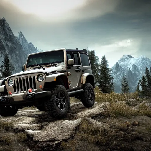 Image similar to Jeep, Professional Photography, Skyrim, Off-roading, Mountain landscape, dirt, road, cinematic color, photorealistic, highly detailed wheels, highly detailed