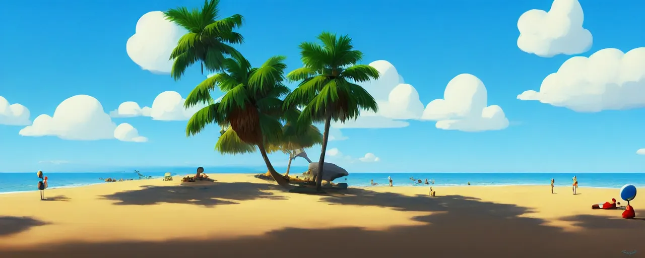 Image similar to painting by goro fujita!! bright blue illustration of a beach horizon with clouds and one palm tree in the style of goro fujita, sharp focus, highly detailed, artstation