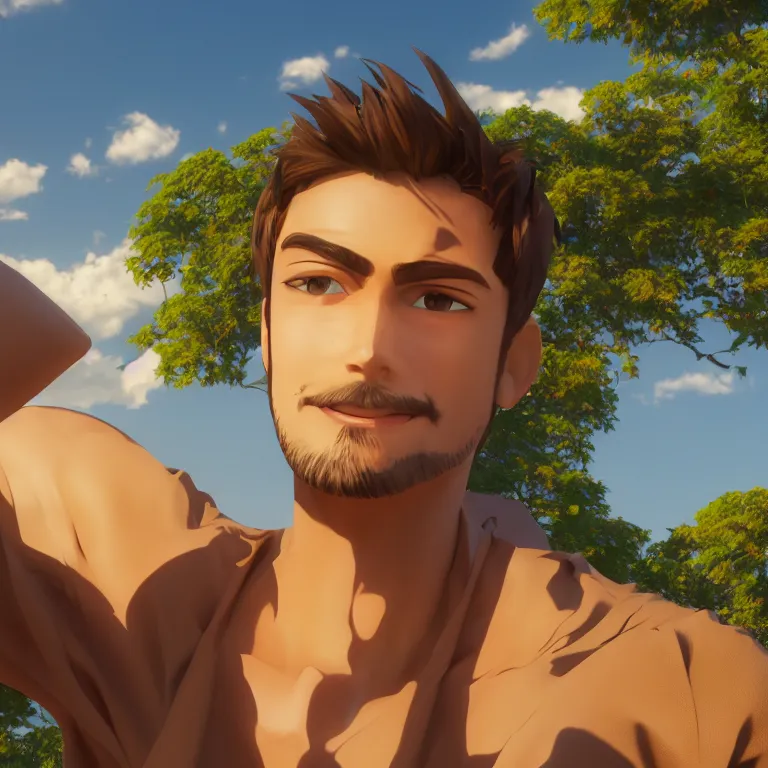 Prompt: Render of a very handsome 3d anime-style man, short hair, brown eyes, round face, cute smile, 5 o-clock shadow, open shirt, hairy chest, golden hour, serene beach setting, medium shot, mid-shot, highly detailed, trending on Artstation, Unreal Engine 4k