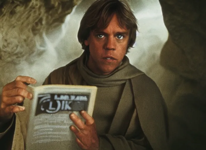 Image similar to detailed photo of Luke skywalker finding the ancient jedi texts in an strange hazy cave. 1985 film, Photographed with Leica Summilux-M 24 mm lens, ISO 100, f/8, Portra 400