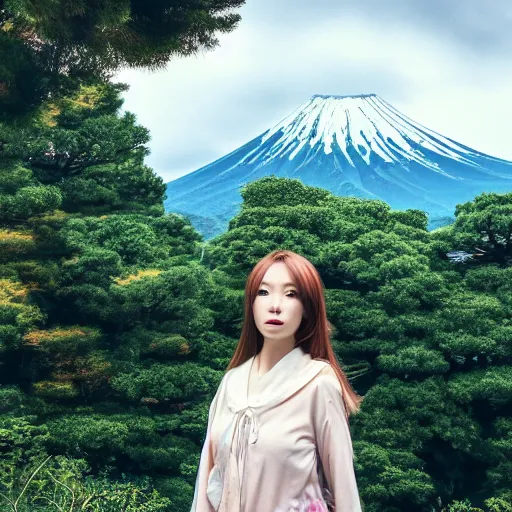 Image similar to a beautiful photograph of a girl with japan landscape in the background with trees, hdr, 8 k, high quality, sharp focus, artstation, highly detailed, award - winning, dramatic lighting, beautiful clouds, and nature