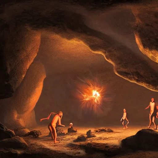 Prompt: matte painting of cavemen playing basketball inside cave at night, cave lit by torch light, stalagmites