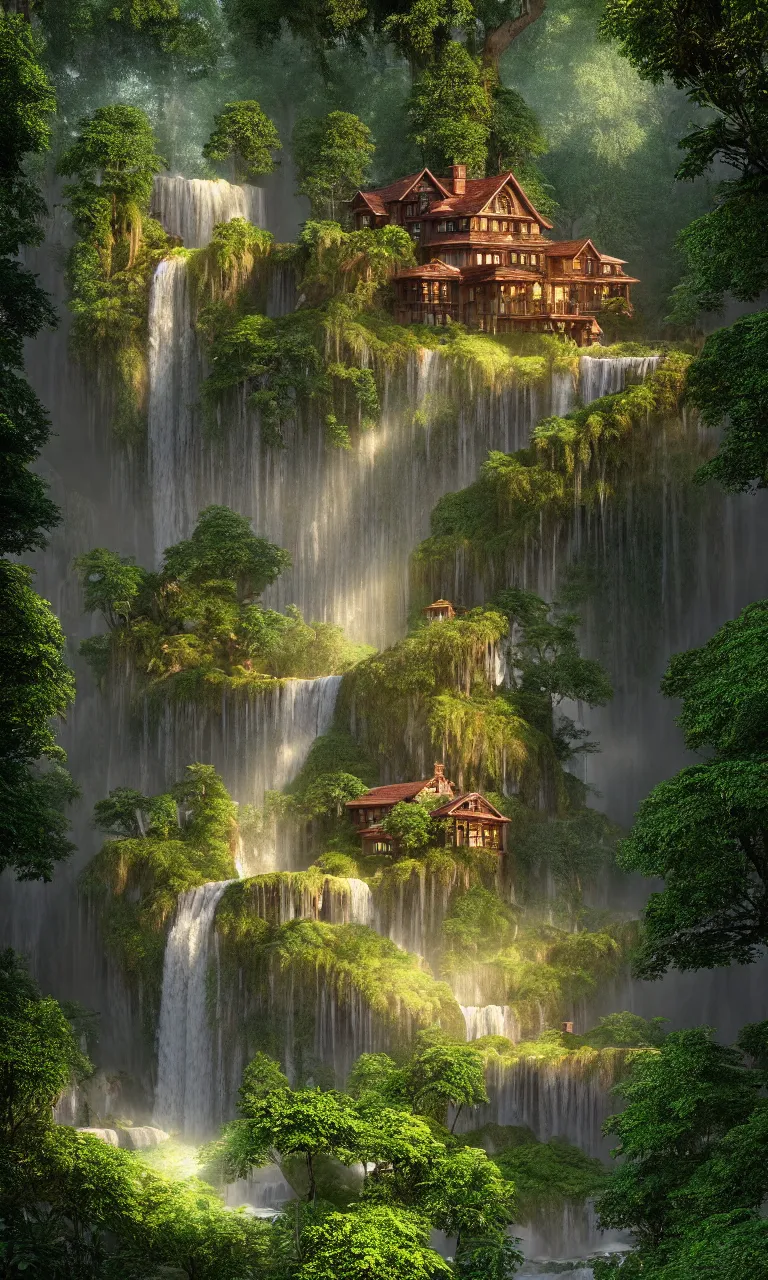 Image similar to beautiful big house in the forest, a big waterfall flows down from the mountain, octane render, fabulous, hyper detailed, random cinematic view, no noise, global illumination, warm lighting, volumetric, godrays, vivid, beautiful, by jordan grimmer