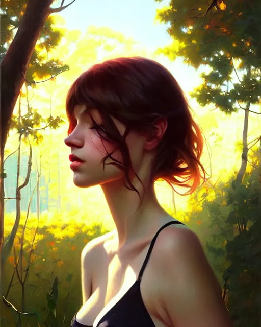 Image similar to stylized portrait of an artistic pose, composition, young suicide girl surrounded by nature, realistic shaded, fine details, realistic shaded lighting poster by ilya kuvshinov, magali villeneuve, artgerm, jeremy lipkin and michael garmash and rob rey