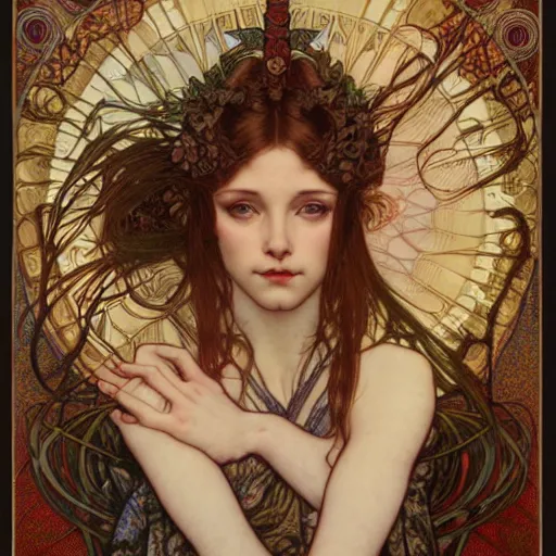 Prompt: realistic detailed face portrait of the The Magician of the Tarot by Alphonse Mucha, Ayami Kojima, Amano, Charlie Bowater, Karol Bak, Greg Hildebrandt, Jean Delville, and Mark Brooks, Art Nouveau, Neo-Gothic, gothic, Tarot card, rich deep moody colors