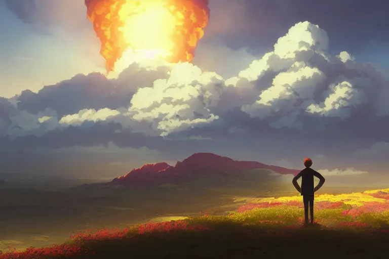 Image similar to a highly detailed matte painting of a man standing on hill watching nuclear explosion by studio ghibli, makoto shinkai, by artgerm, by wlop, by greg rutkowski, volumetric lighting, octane render, 4 k resolution, trending on artstation, masterpiece