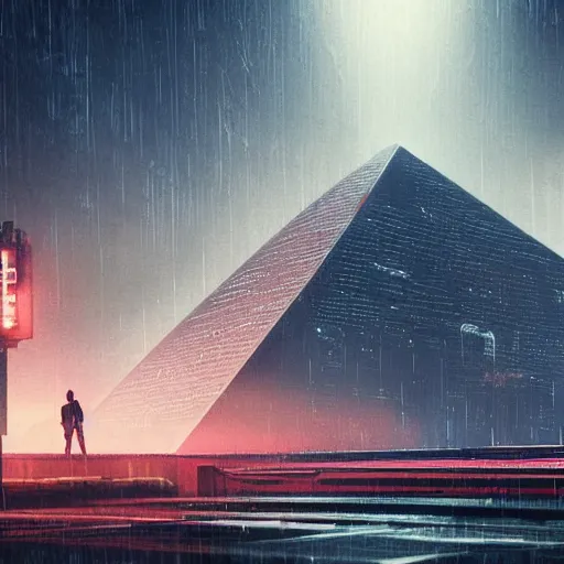 Prompt: gigantic chrome pyramid in the distance, brutalist, blade runner, sci fi, stunning detail, cityscape, cyberpunk, wet street, 8k, cinematic lighting, ultra realistic, colorful, neon, octane rendered,