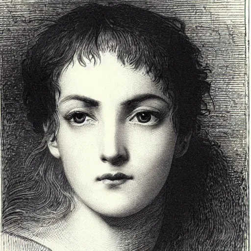 Prompt: extreme close-up, black and white, portrait of a young french woman, marie laforet, Gustave Dore lithography