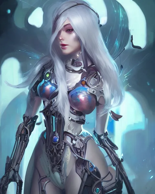 Image similar to holy cyborg necromancer girl, elegant, scifi, futuristic, utopia, garden, illustration, atmosphere, top lighting, blue eyes, white hair, focused, artstation, highly detailed, art by yuhong ding and chengwei pan and serafleur and ina wong