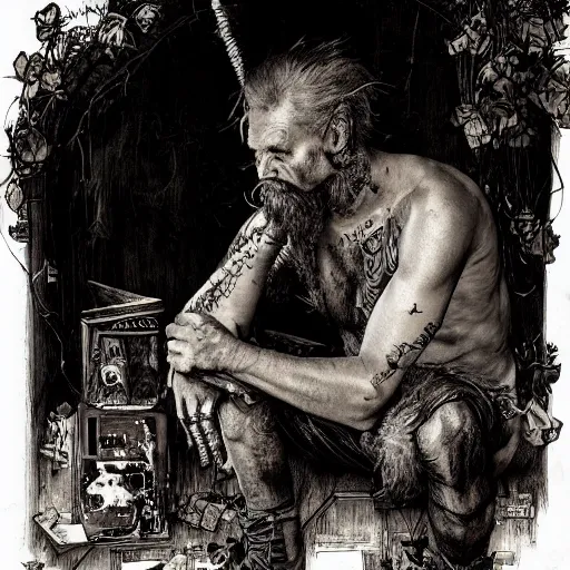 Prompt: razorpunk Rip Van Winkle disguised as the immortal bum seated in an ivy-covered hovel jonas de ro norman rockwell jim mahfood luis royo nicola samori unreal engine render bar code