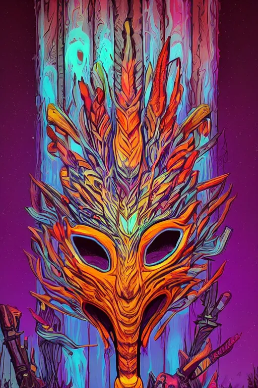 Image similar to totem animal tribal chaman vodoo mask feather gemstone plant wood rock video game illustration vivid color borderlands by josan gonzales and dan mumford radiating a glowing aura