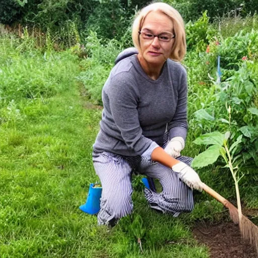 Image similar to a pixar character, a beautiful and mad canadian woman, on her knees, pulling weeds out frantically, some grey hair, stripey pants,