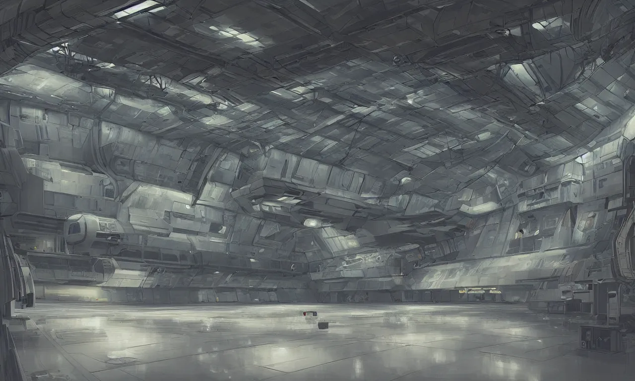 Image similar to A room inside a large hangar of the space station by Jose Daniel Cabrera Pena and Leonid Kozienko, concept art