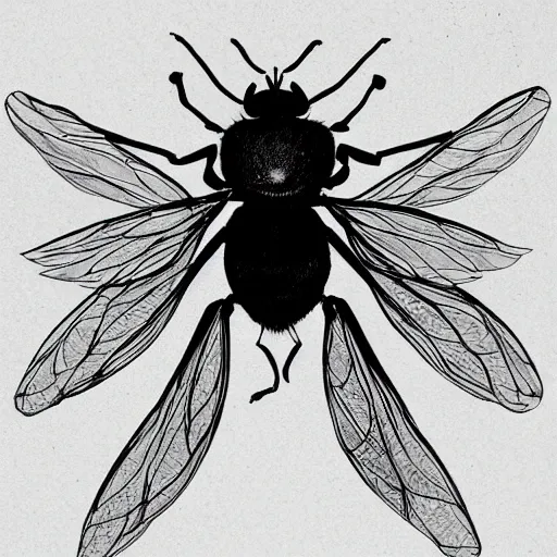 Image similar to house fly, black and white, botanical illustration, black ink on white paper, bold lines