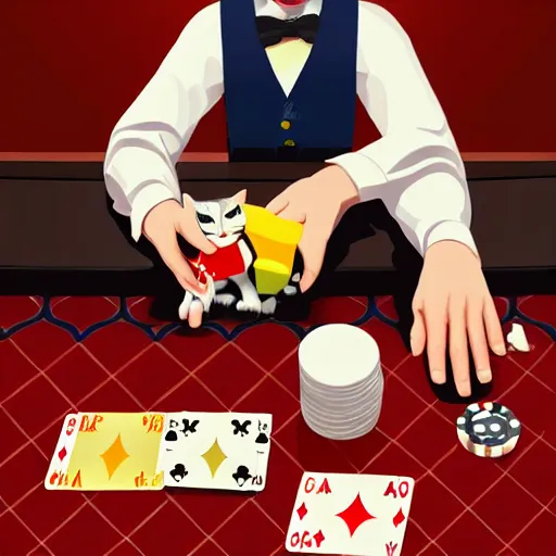 Image similar to man holding a toy cat and a spoon, sitting at a blackjack table, casino, las vegas, digital art, artstation