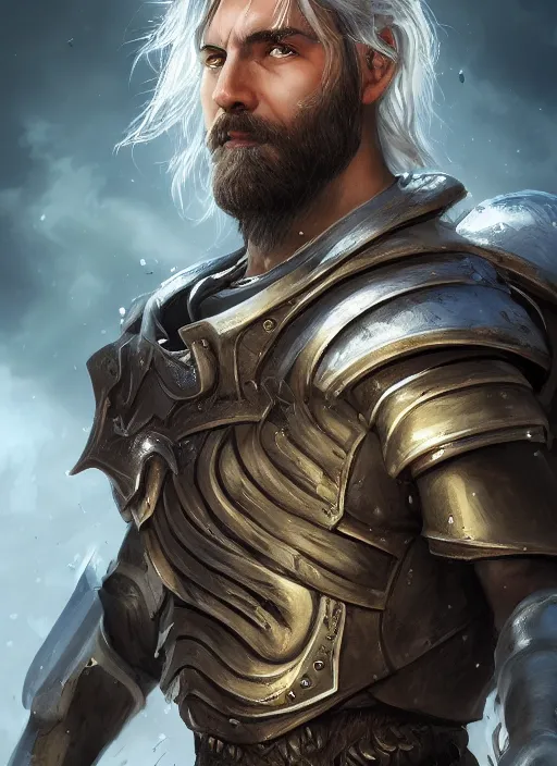 Prompt: an epic fantastic realism comic book style portrait painting of an aasimar paladin, male, shaggy silver hair, short brown beard, d & d concept art, unreal 5, daz, petrol aesthetic, octane render, cosplay, rpg portrait, dynamic lighting