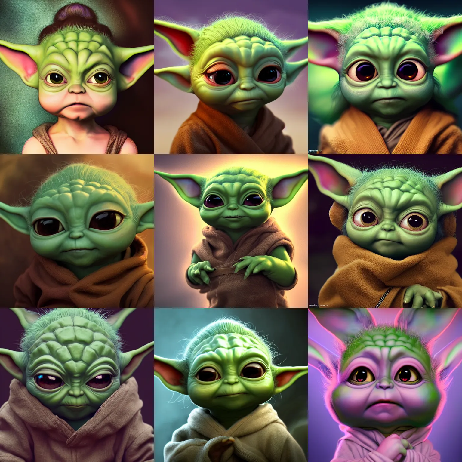 Prompt: An epic fantasy comic book style portrait painting of an extremely cute and adorable very beautiful Baby Yoda, character design by Mark Ryden and Pixar and Hayao Miyazaki, unreal 5, DAZ, hyperrealistic, octane render, cosplay, RPG portrait, dynamic lighting, intricate detail, winter vibrancy, cinematic