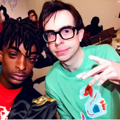 Image similar to A selfie of Playboi Carti and Rivers Cuomo from Weezer