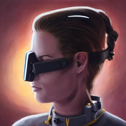 Image similar to square - jawed emotionless serious blonde woman starship engineer, tribal tattoos, handsome, short slicked - back hair, sweating, uncomfortable and anxious, looking distracted and awkward, wearing victorian dark goggles, dirty flight suit and gloves, small spacecraft in background, highly detailed, oil painting, trending on artstation