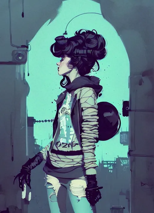 Image similar to highly detailed portrait of a sewer punk lady, tartan hoody, ringlet hair by atey ghailan, by greg rutkowski, by greg tocchini, by james gilleard, by joe fenton, by kaethe butcher, gradient light blue, black, cream and white color scheme, grunge aesthetic!!! ( ( graffiti tag wall background ) )