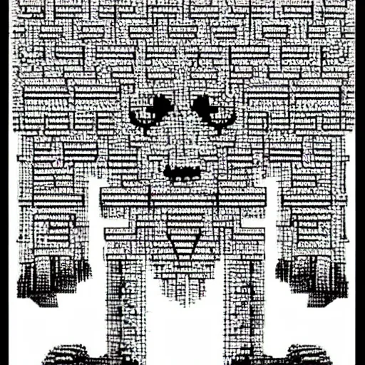 Prompt: a terrifying ancient monster made of static emerges from the gloom in ascii art style