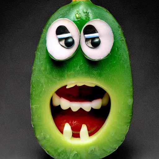 Image similar to portrait photograph of a pickle with a screaming face