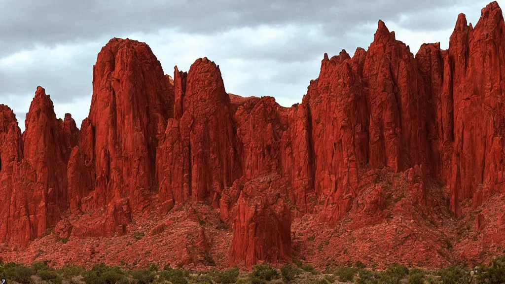 Image similar to an atmospheric film still by Ridley Scott with a huge towering dark gothic cathedral carved out of rock at the top of a red rock canyon