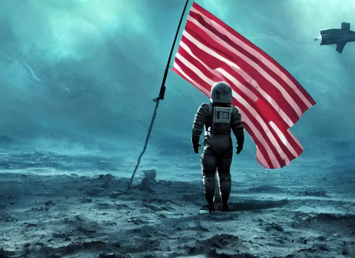 Image similar to astronaut holding a flag in an underwater desert. a submarine is visible in the distance. dark, concept art, cinematic, dramatic, atmospheric, 8 k, trending on artstation, blue, fish, low visibility, fog, ocean floor, christopher nolan, interstellar