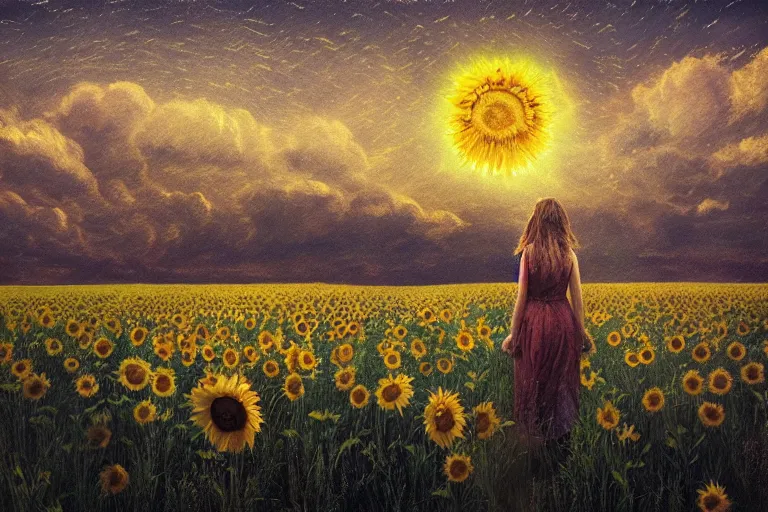 Image similar to huge sunflower head, girl walking in wheat field, hills, surreal photography, dark night, star trails, dramatic light, impressionist painting, clouds, digital painting, artstation, simon stalenhag