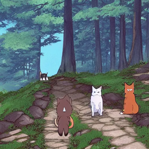 Image similar to multiple cats hiking the Appalachian trail, anime scenery by Makoto Shinkai and ghibli, wholesome digital art