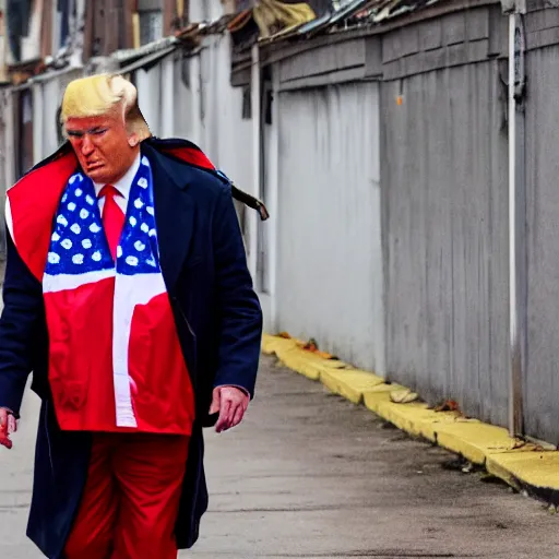 Image similar to donald trump dressed as a homeless man living in the slums