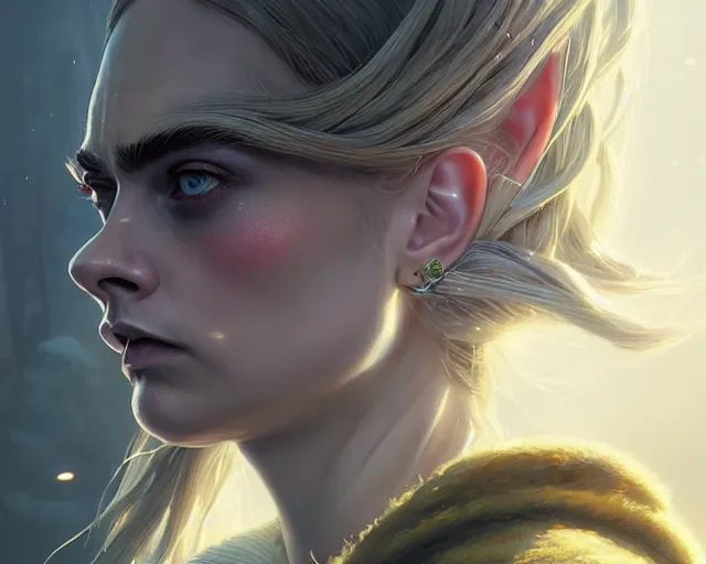 Image similar to highly detailed portrait of cara delevingne as a bald elf, in gta v, stephen bliss, unreal engine, fantasy art by greg rutkowski, loish, rhads, ferdinand knab, makoto shinkai and lois van baarle, ilya kuvshinov, rossdraws, tom bagshaw, global illumination, radiant light, detailed and intricate environment