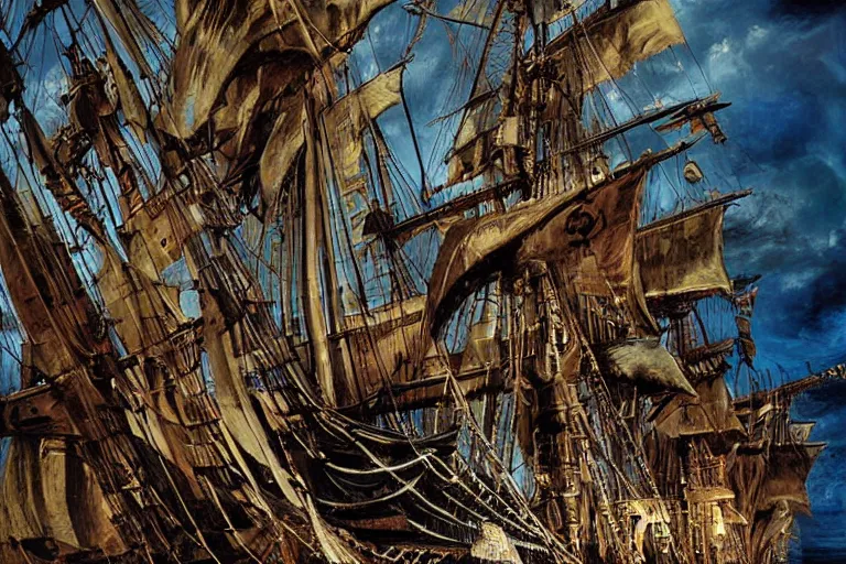 Prompt: stunning art poster of the black pearl pirate ship, hyper detail painted by annie leibovitz, art by louis phillipe crepin, surreal, 3 8 2 8 1,