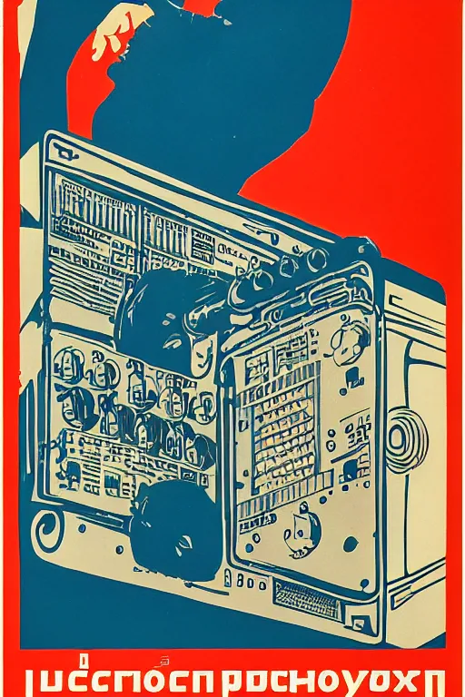 Image similar to soviet propaganda poster of a modular sound synthesizer