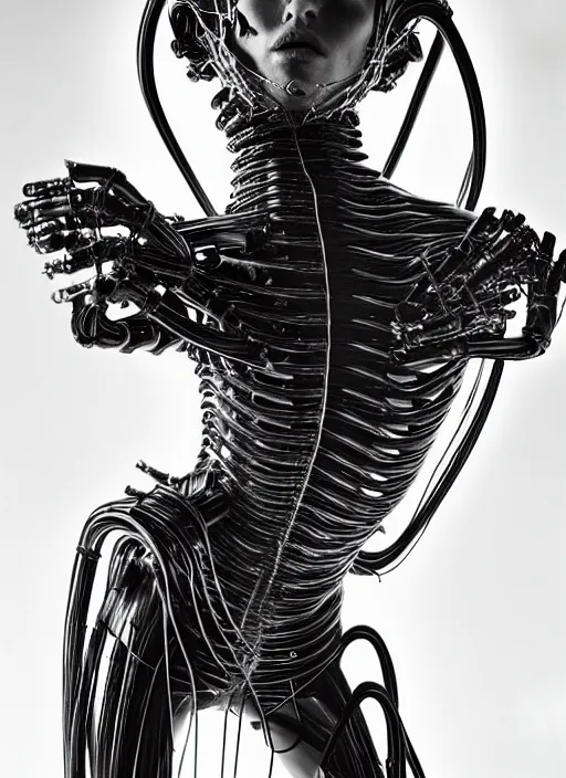 Image similar to walking down the catwalk, steven klein, mert alas and marcus piggott, show, stage, vogue photo, podium, fashion show photo, iris van herpen, beautiful woman, full body shot, masterpiece, inflateble shapes, alien, giger, plant predator, guyver, jellyfish, wires, veins, biomechanical details, bionic cyborg implants, colourfull