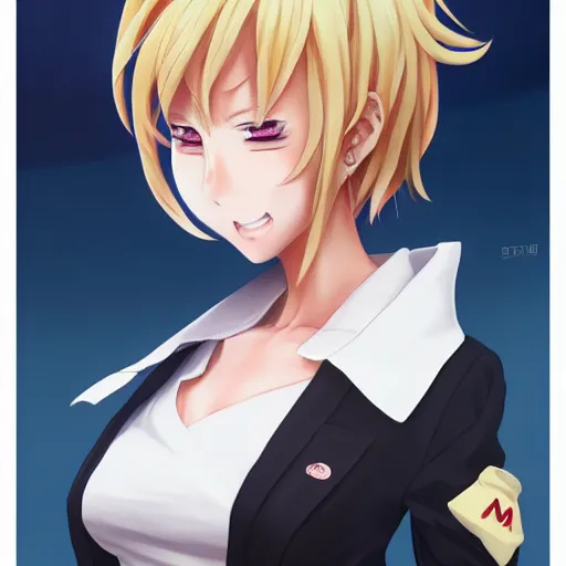 Image similar to anime portrait of genderbent donald trump as an anime girl by Stanley Artgerm Lau, WLOP, Rossdraws, James Jean, Andrei Riabovitchev, Marc Simonetti, and Sakimichan, trending on artstation