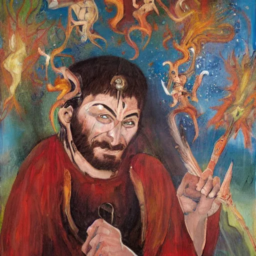 Image similar to an expressive painting of a sorcerer getting imbued with all four elements