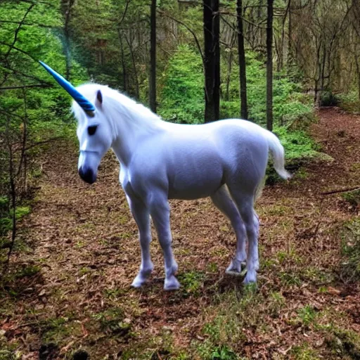 Prompt: unicorn caught on hidden camera in the forest