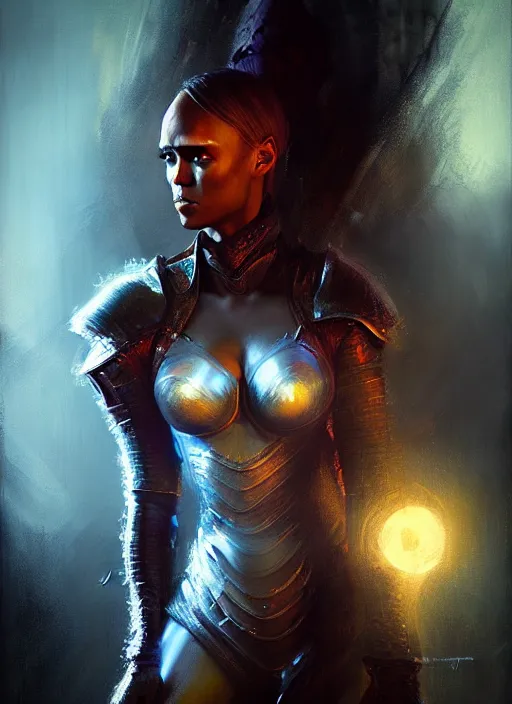 Prompt: portrait of tyra banks as mage wearing arcane light armor, fantasy, cinematic lighting, by jeremy mann