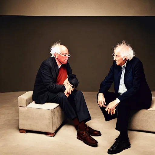 Image similar to portrait of Bernie Sanders and Larry David, annie leibovitz, studio lighting