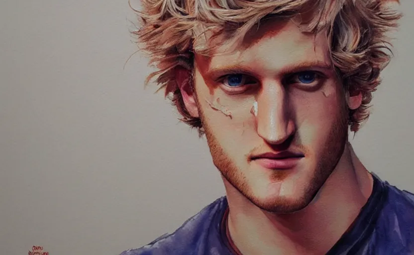 Image similar to a painting of a logan paul trending on artstation in the style of greg rutkowski, 3 d, watercolor, beautiful, young, portrait