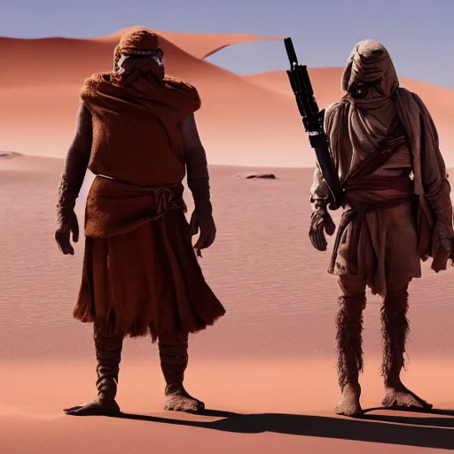 Image similar to A Tusken Raiders from Star Wars, 8k, exquisite detail, cinematic, Sand, Cinematic Lighting